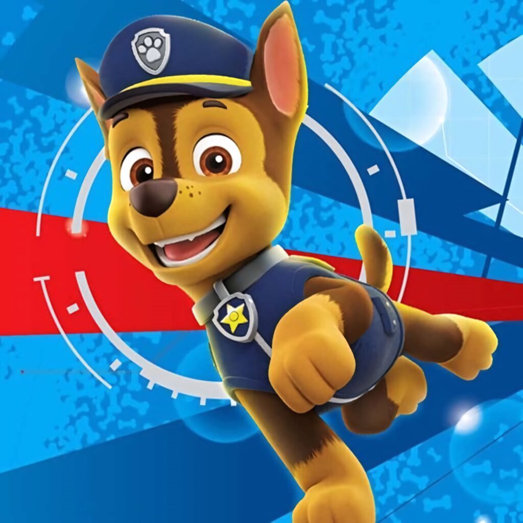 Chase from Paw Patrol leaping in blue police uniform on dynamic blue and red geometric background Wallpaper