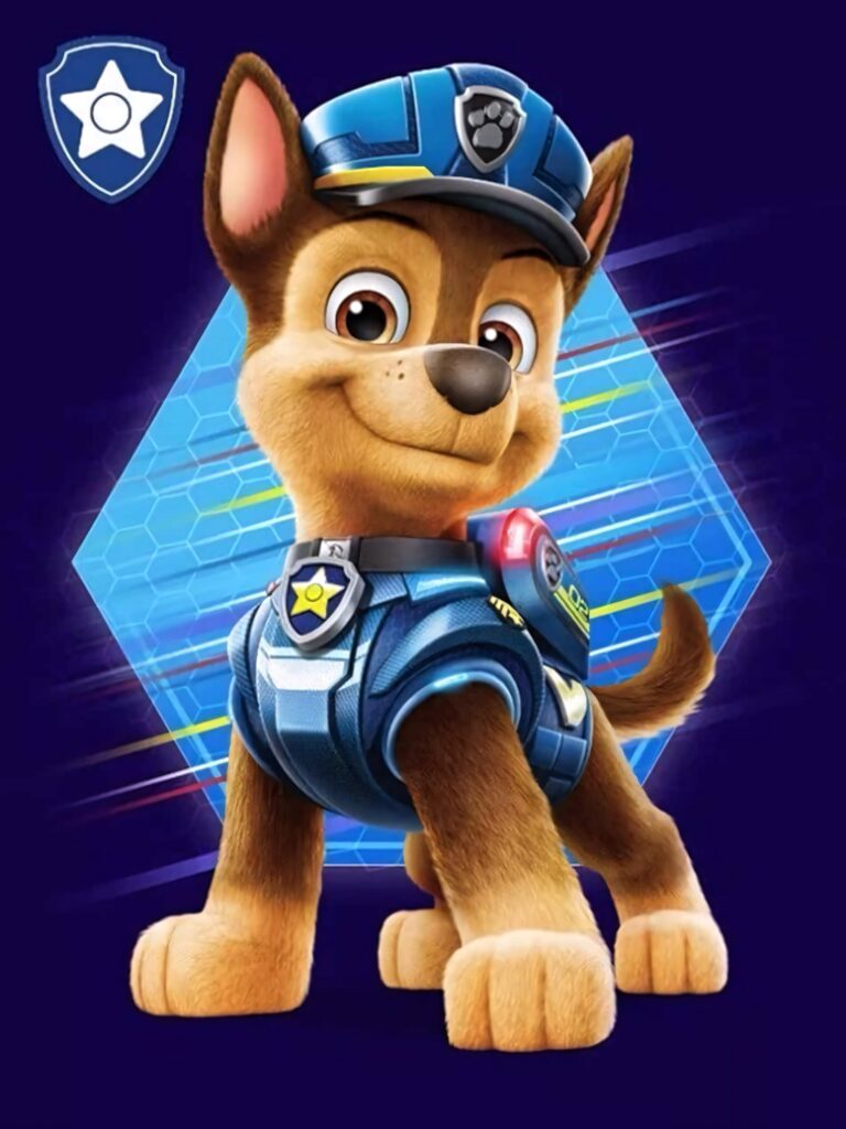 Chase from Paw Patrol in blue uniform on dynamic hexagon background with bold blue and yellow streaks Wallpaper