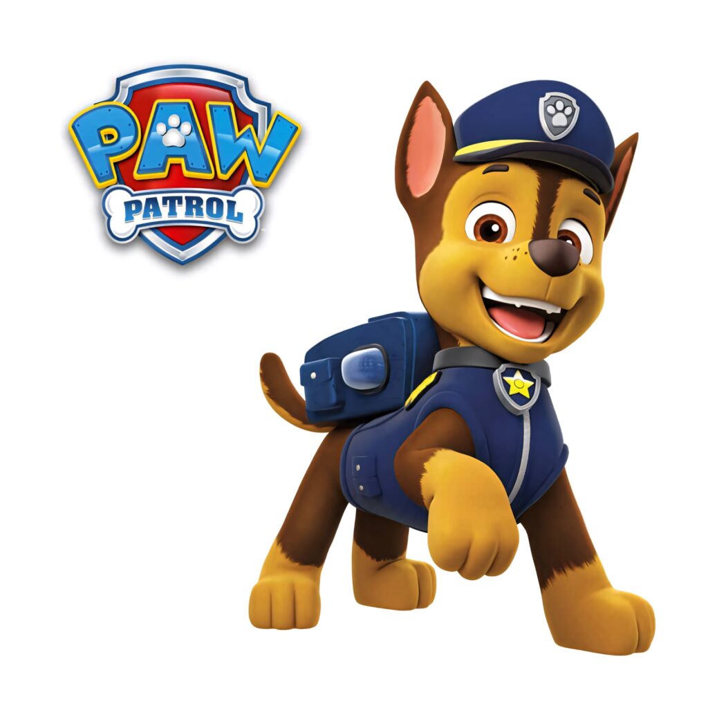 Chase Paw Patrol wallpaper showing brave German Shepherd pup in blue police uniform and badge