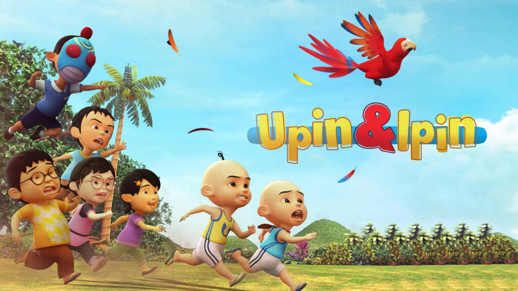 Upin, Ipin, and Friends Chase an Escaping Parrot: A Hilarious Adventure Captured in a Background Photo of Upin & Ipin Animated Series Wallpaper