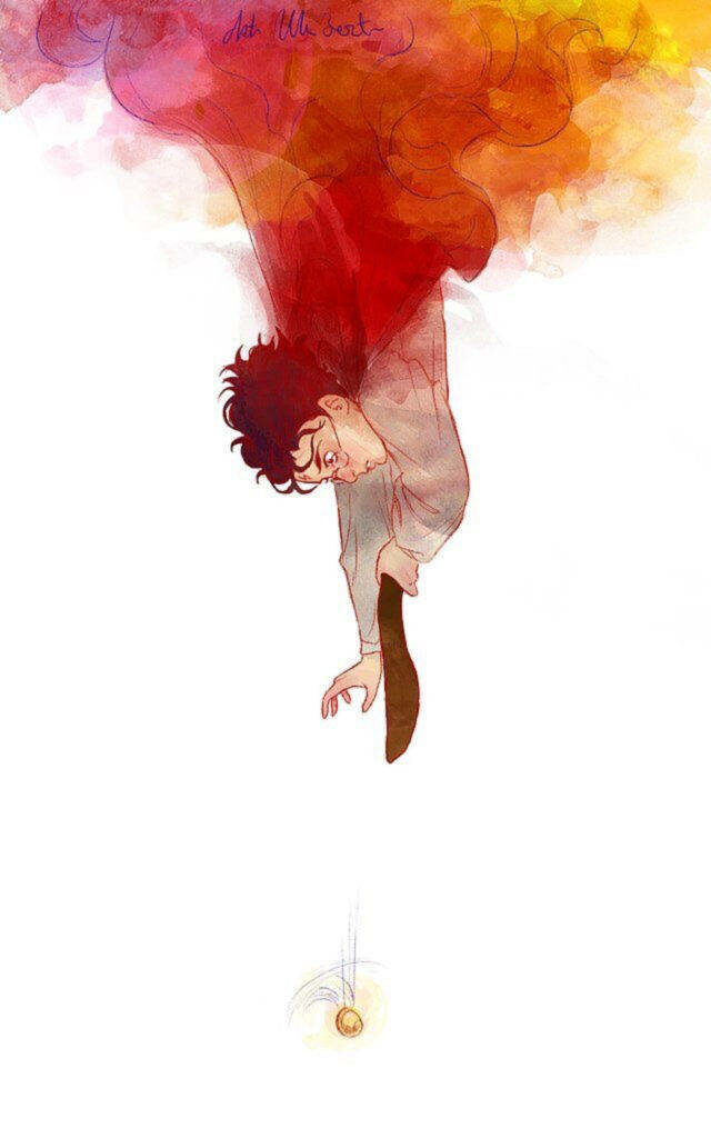Magical Pursuit: Harry Potter Racing Towards the Golden Snitch Amidst Brilliant Watercolor Clouds Wallpaper