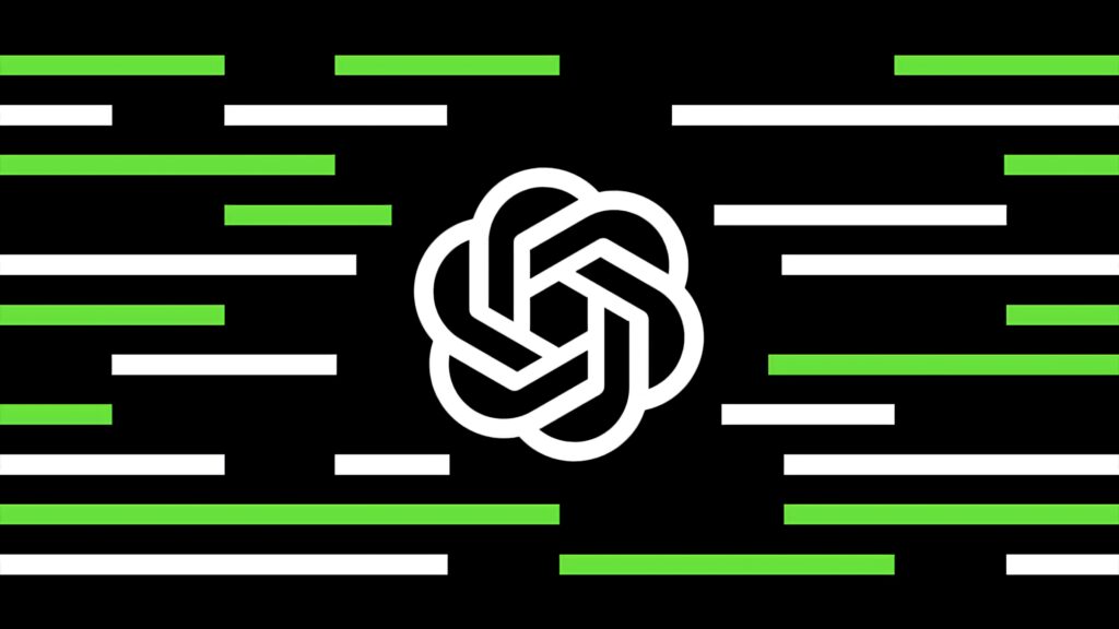 ChatGPT logo centered on black wallpaper with dynamic white and green tech-inspired lines background