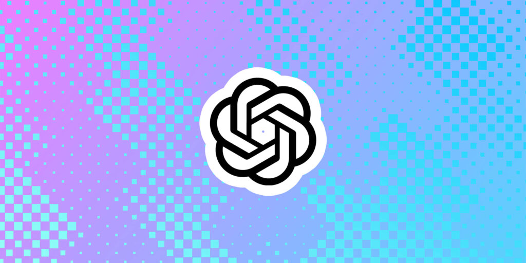 ChatGPT wallpaper with OpenAI logo on purple blue gradient background with pixelated pattern