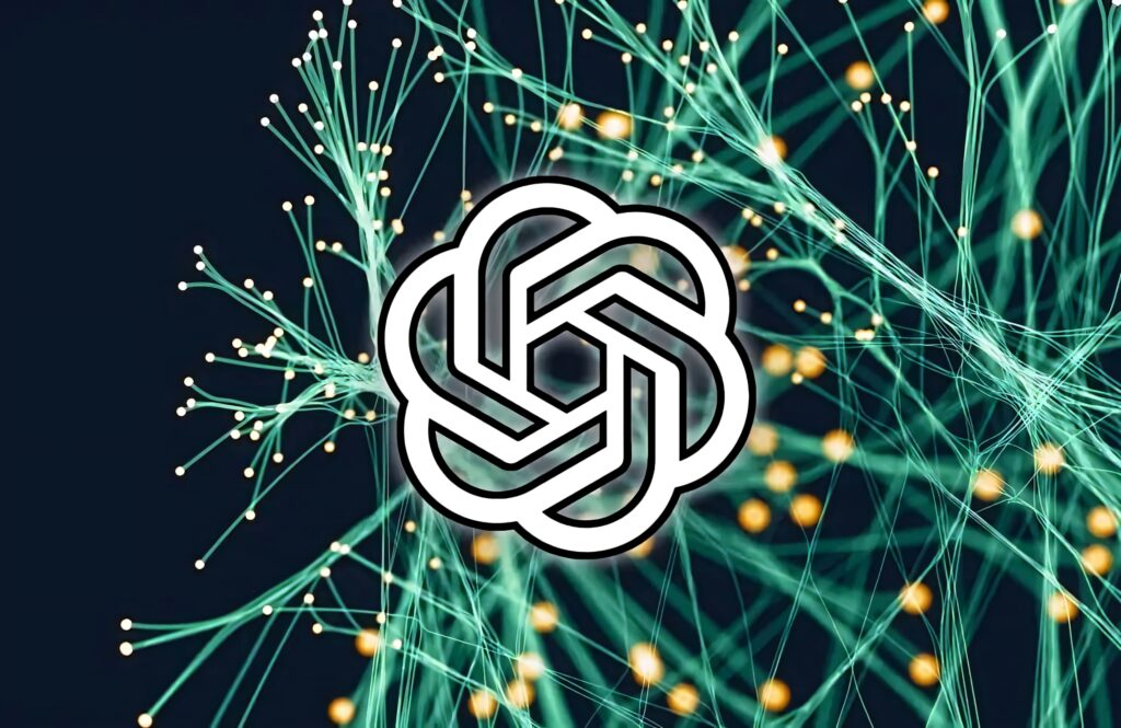 ChatGPT wallpaper with OpenAI logo over teal neural network and glowing golden AI nodes design