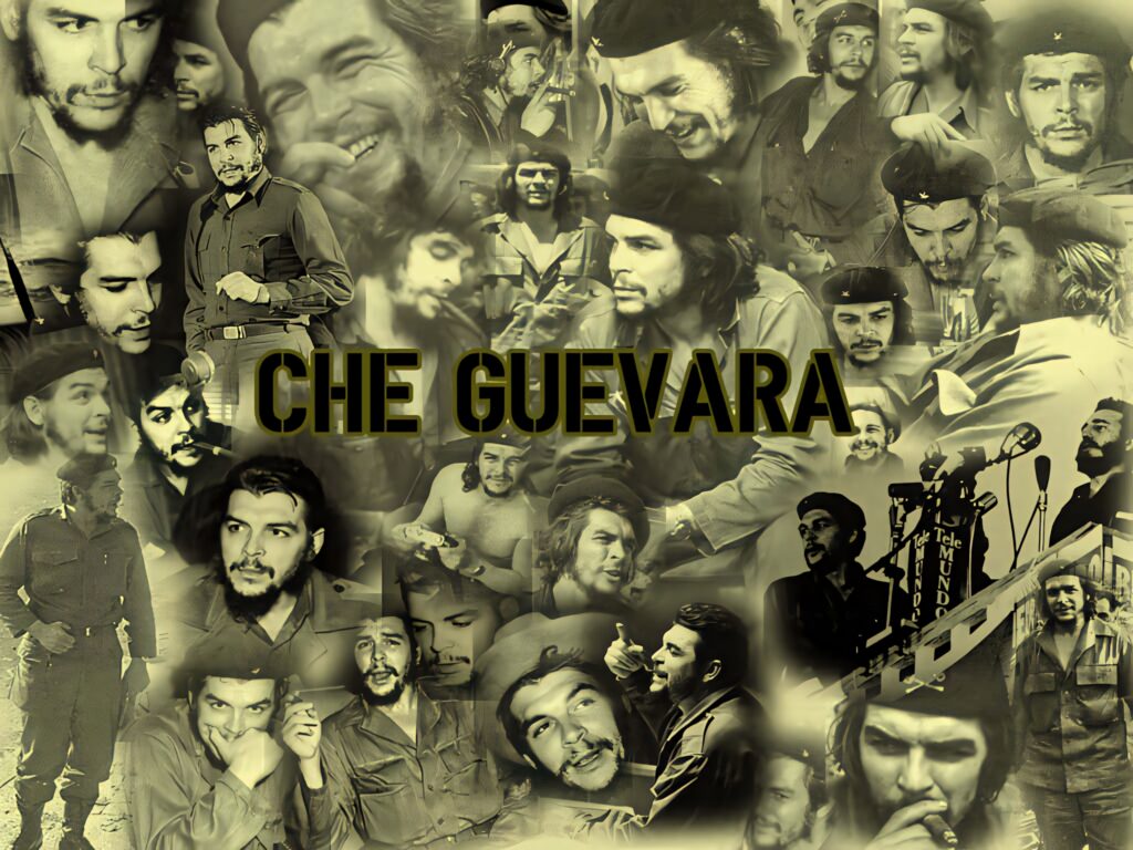Che Guevara collage wallpaper with iconic sepia-toned images showcasing his legacy and life