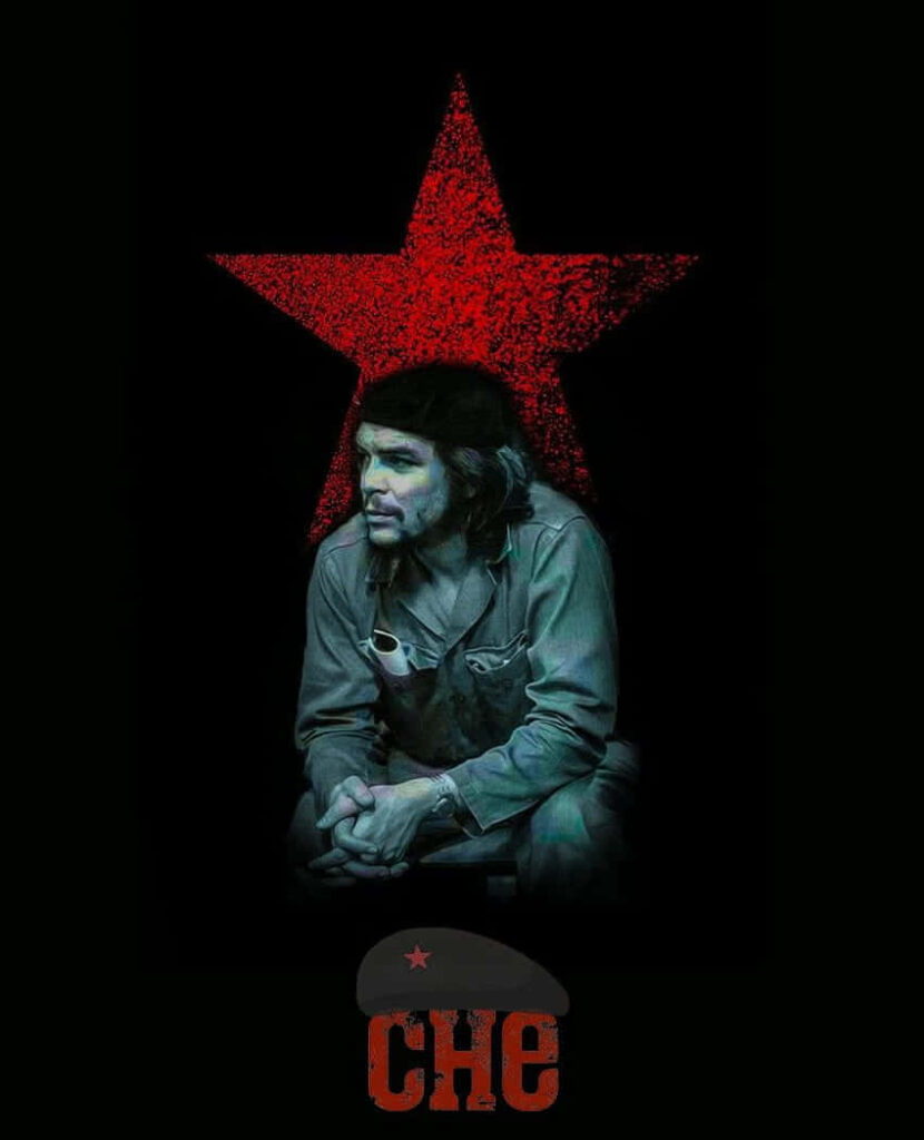 Che Guevara portrait wallpaper with red star background and signature beret for revolution fans