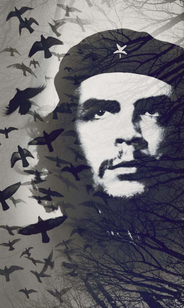Che Guevara portrait with flying birds and bare tree branches striking symbolic wallpaper