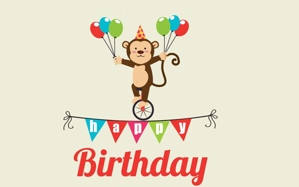 Cute cartoon monkey on unicycle with balloons and happy birthday banner wallpaper background