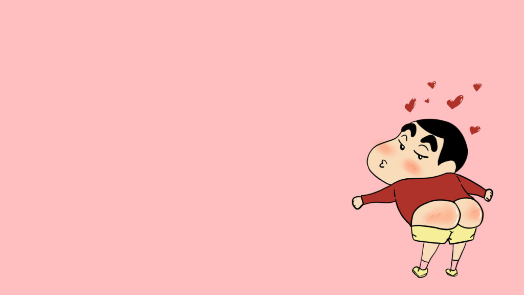 Cheeky Shin Chan Delights with Love-filled Shenanigans on a Soft Pink Canvas Wallpaper
