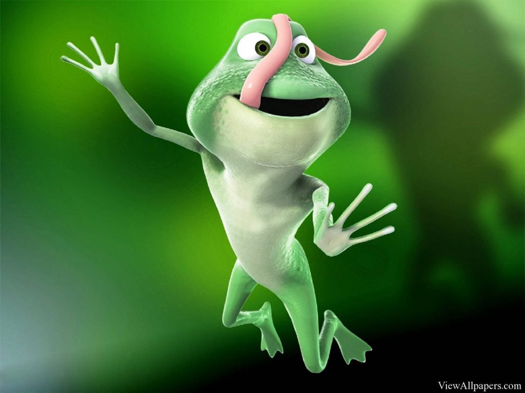Cheerful 3D cartoon frog jumping and waving on a vibrant green blurred laptop wallpaper background