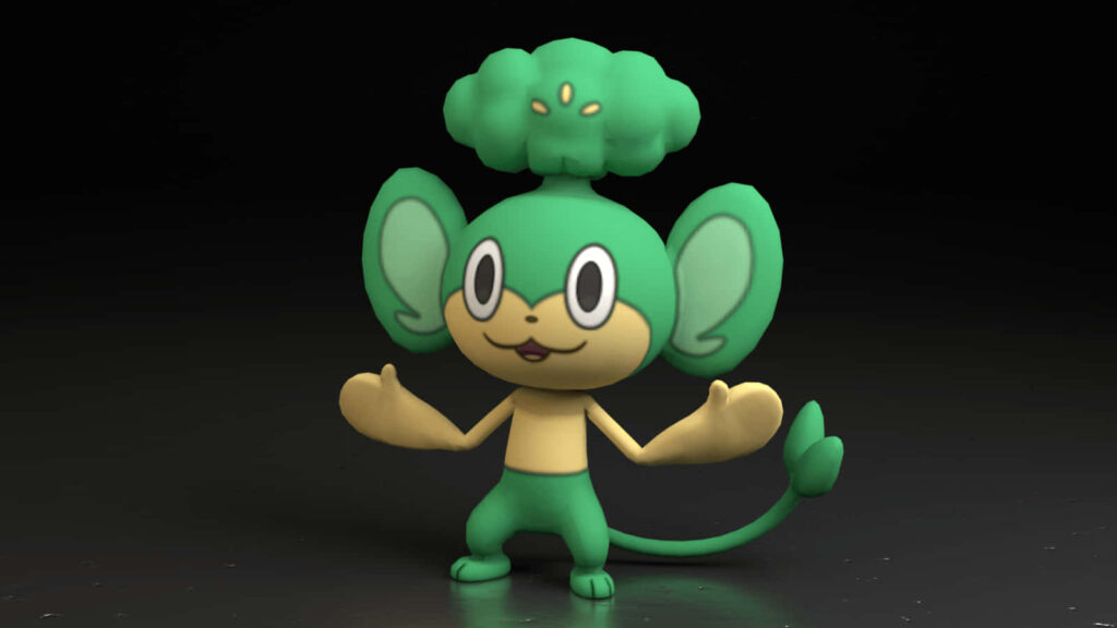 Cheerful 3D Pansage Pokémon Wallpaper with Dark Gradient Background