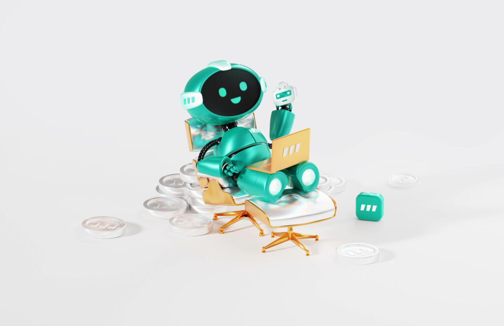 Cheerful 3D Robot on Golden Chair - Futuristic Digital Wallpaper
