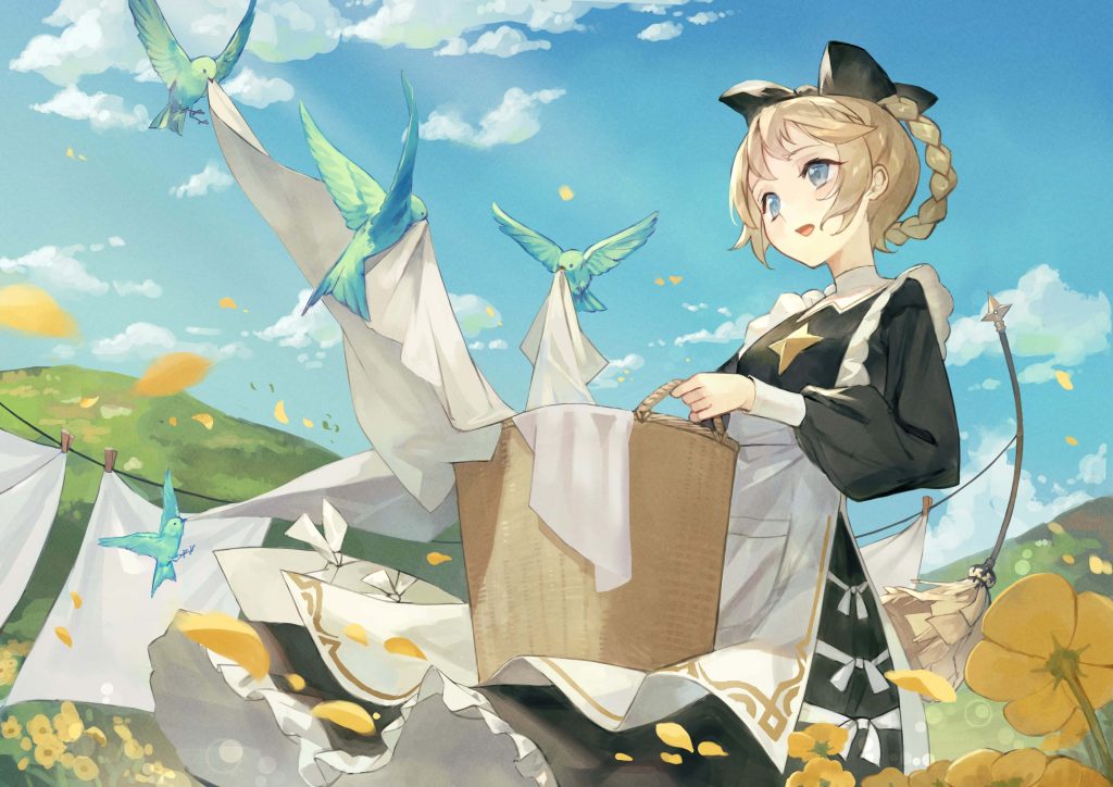 Rosaline from AFK Arena in sunny meadow with blue birds doing laundry cheerful wallpaper