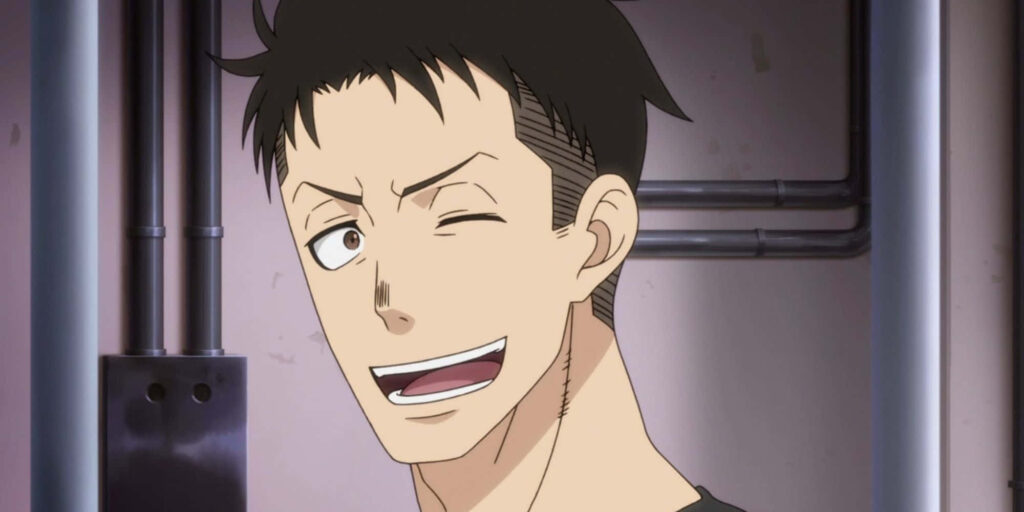 Smiling Akitaru Ōbi firefighter portrait Fire Force anime industrial background wallpaper