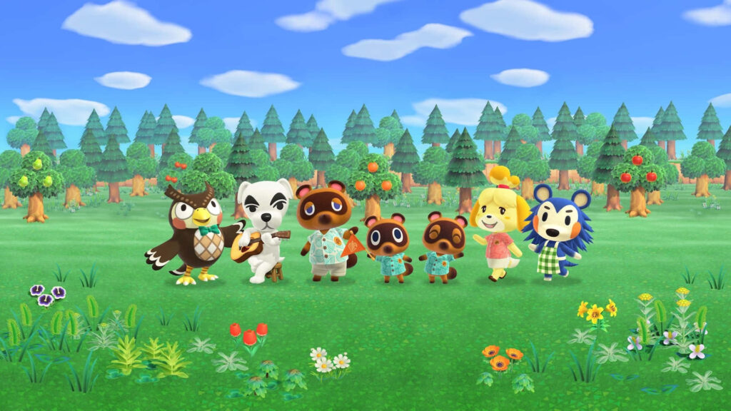 Cheerful Animal Crossing New Horizons wallpaper with characters in vibrant green field and flowers