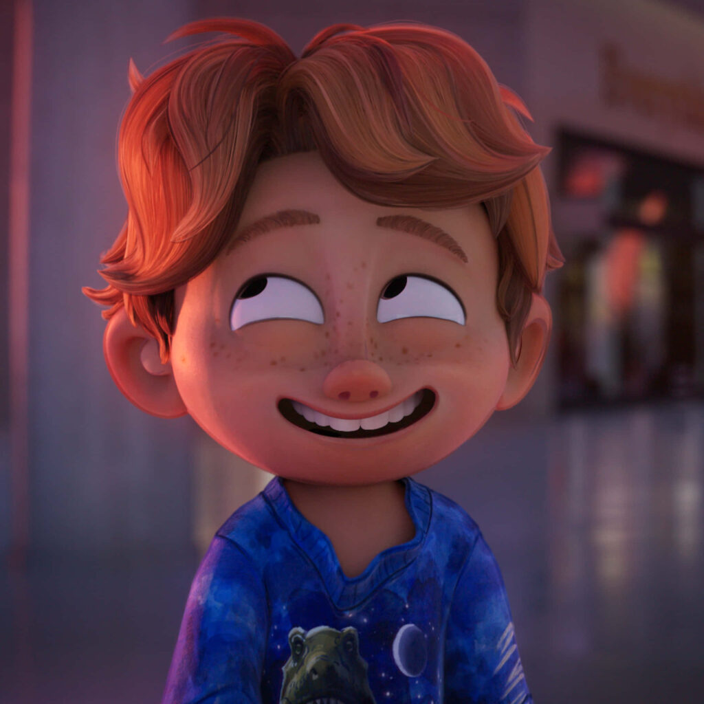 Cheerful Animated Boy with Freckles in Galaxy-Themed Wallpaper