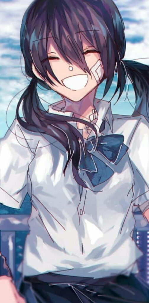Cheerful Animated Girl in School Uniform - Uplifting Wallpaper Background