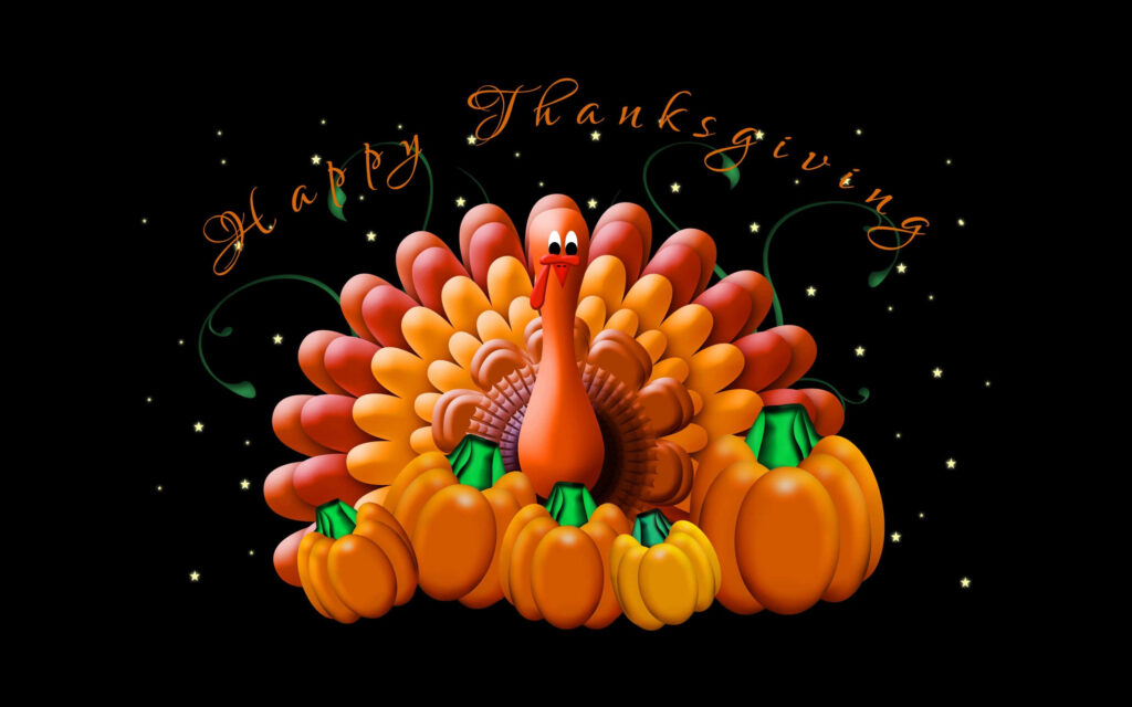 Cheerful animated turkey with bright pumpkins happy Thanksgiving festive holiday wallpaper background