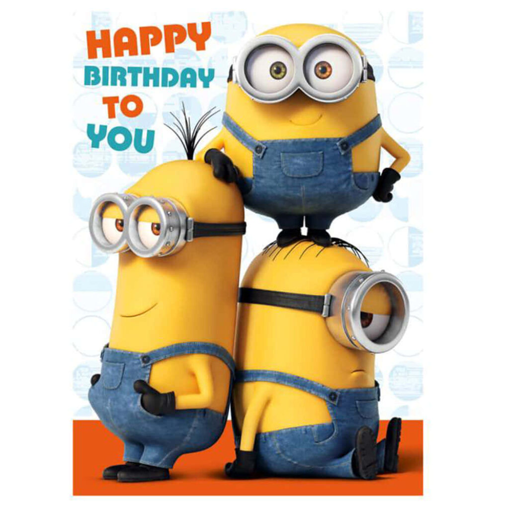 Cheerful Birthday Wallpaper: Animated Yellow Characters in Blue Overalls