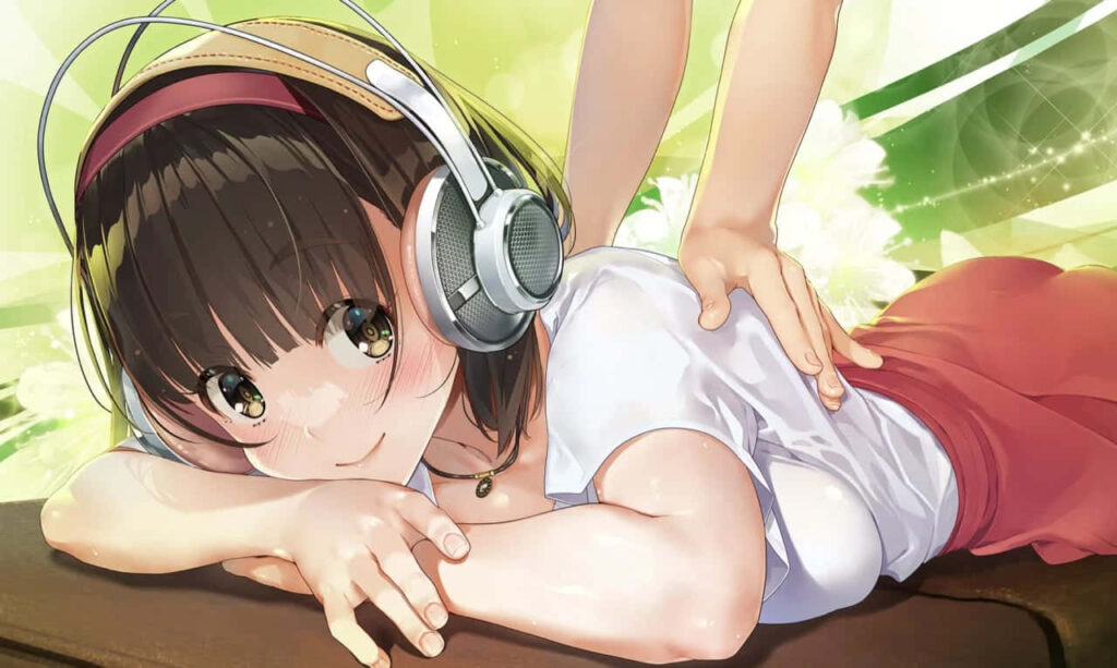 Cheerful Anime Character in Headphones - Relaxing Massage Wallpaper