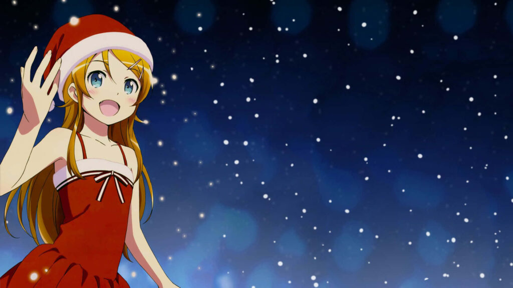 Festive Anime Character in Red Holiday Outfit Against Starry Sky Wallpaper
