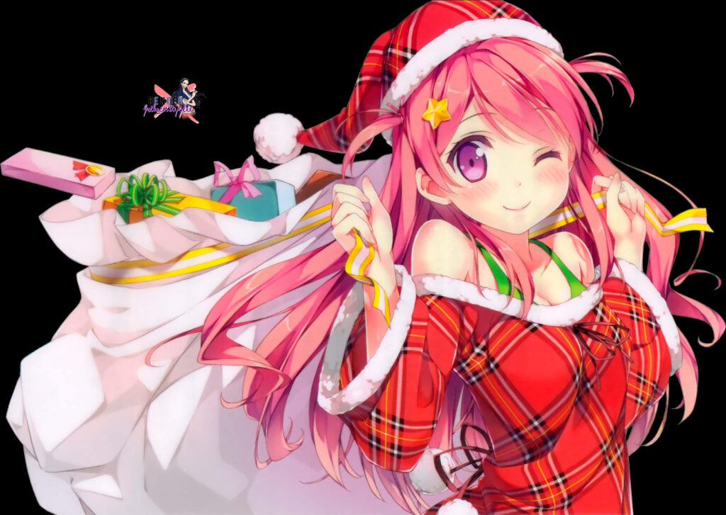 Cheerful Anime Character in Christmas Plaid Wallpaper Background