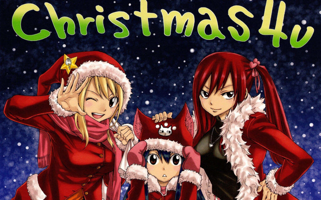 Anime Christmas Wallpaper: Cheerful Characters in Santa-Like Outfits