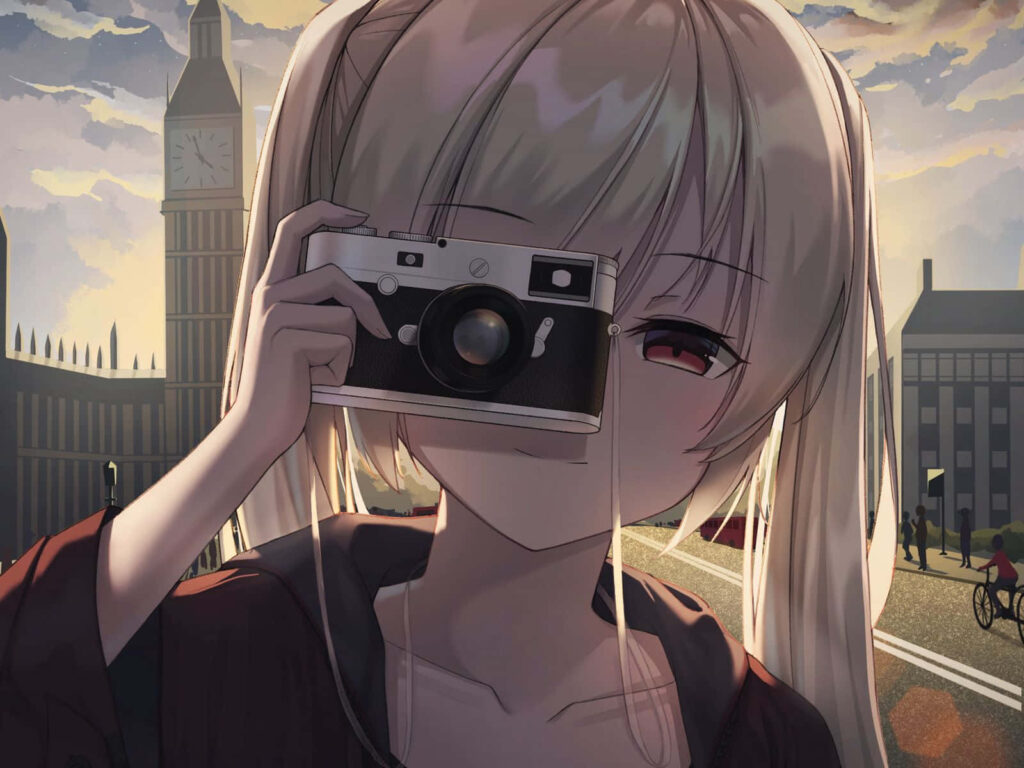 Anime Girl Captures Sunset Beauty with Camera - Scenic Wallpaper