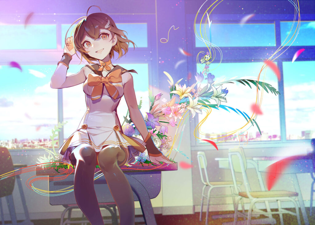 Cheerful Anime Girl Classroom Wallpaper with Whimsical Scenery