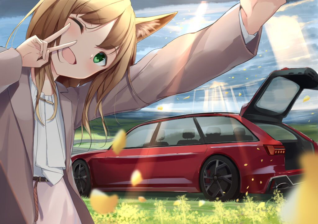 Cheerful Anime Girl with Cat Ears Taking Selfie in Front of Red Car Wallpaper
