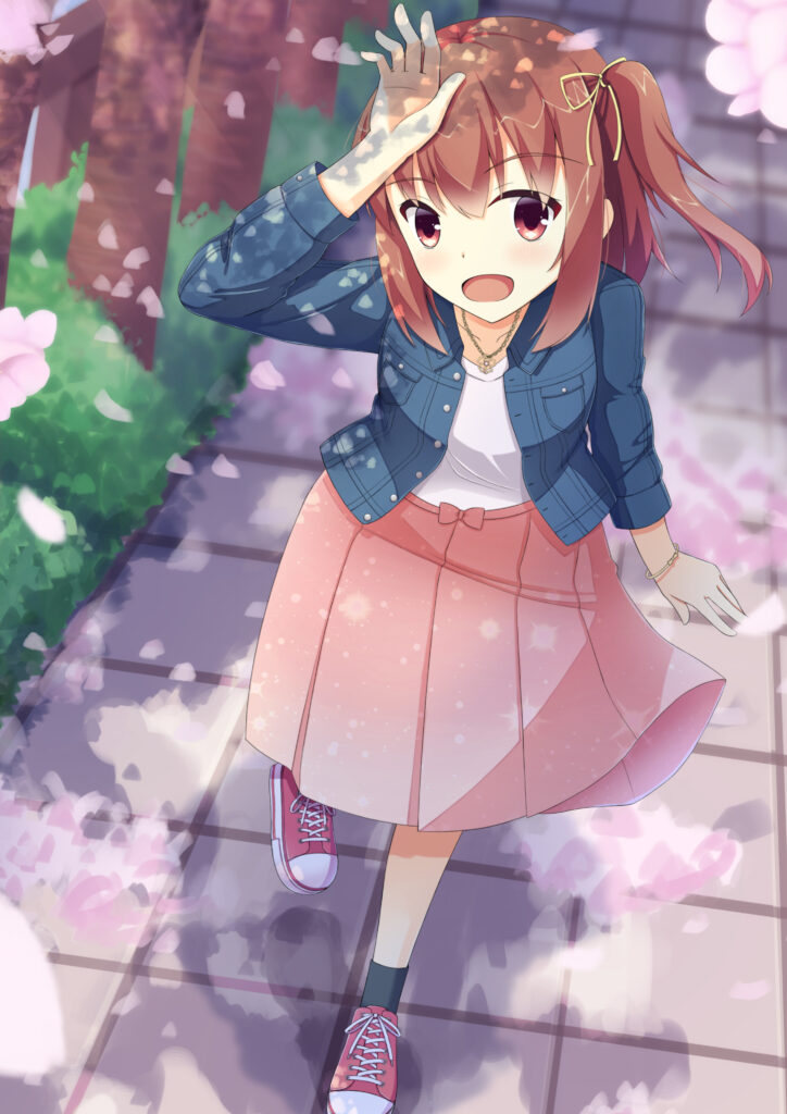 Cheerful Anime Girl Under Blooming Sakura Trees - Vibrant Wallpaper