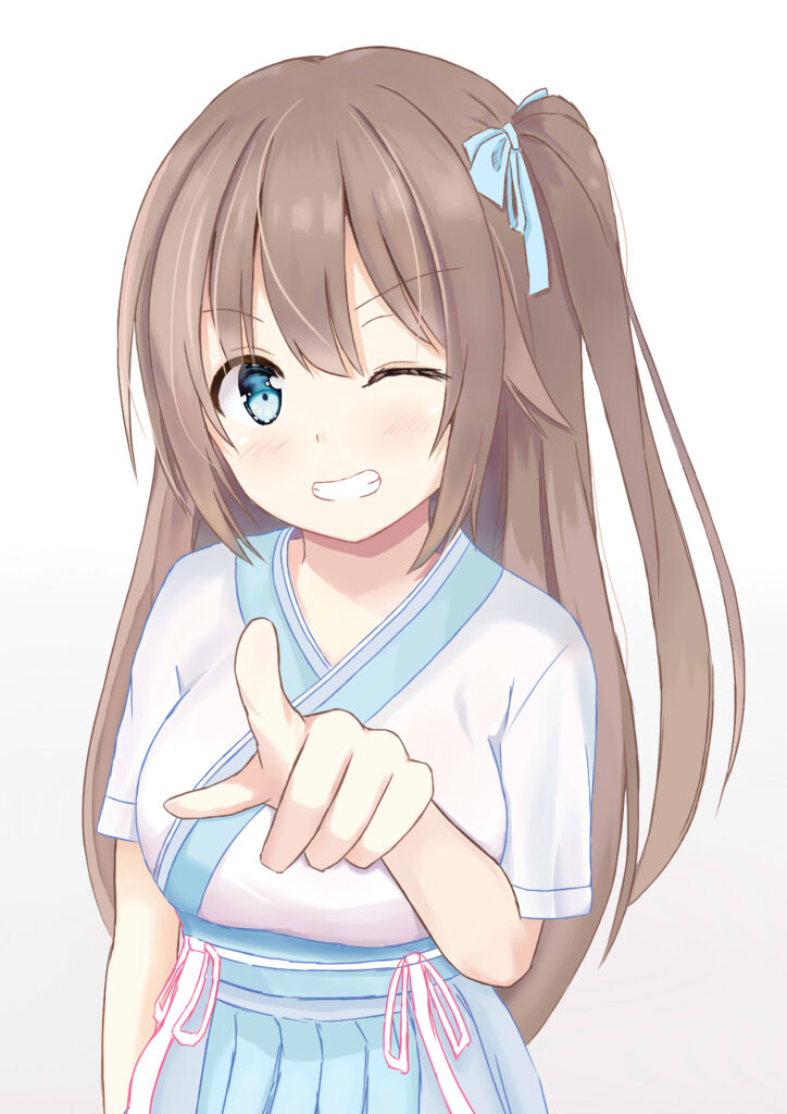 Playful Anime Girl with Brown Hair and Blue Ribbon - Cheerful Wallpaper