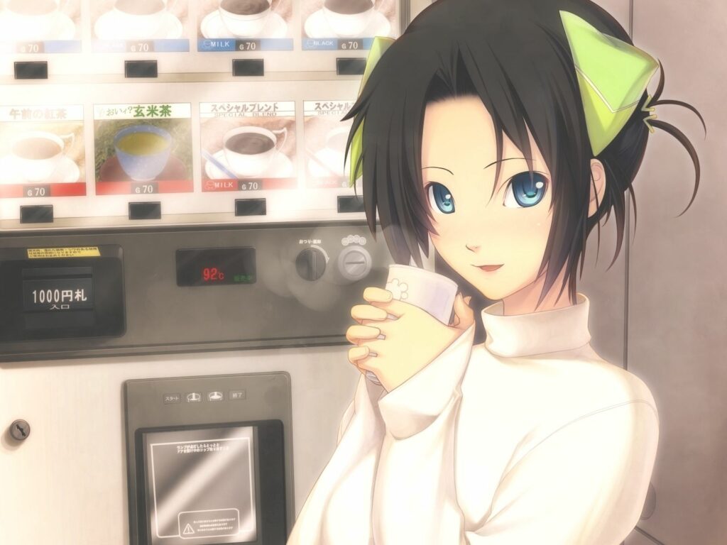 Cheerful Anime Girl with Brunette Bangs and Blue Eyes by Vending Machine Wallpaper