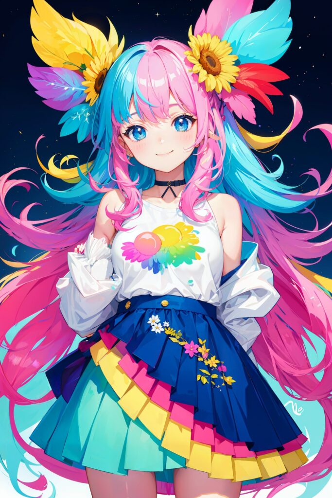 Cheerful Anime Girl Wallpaper: Colorful Dress & Radiant Smile