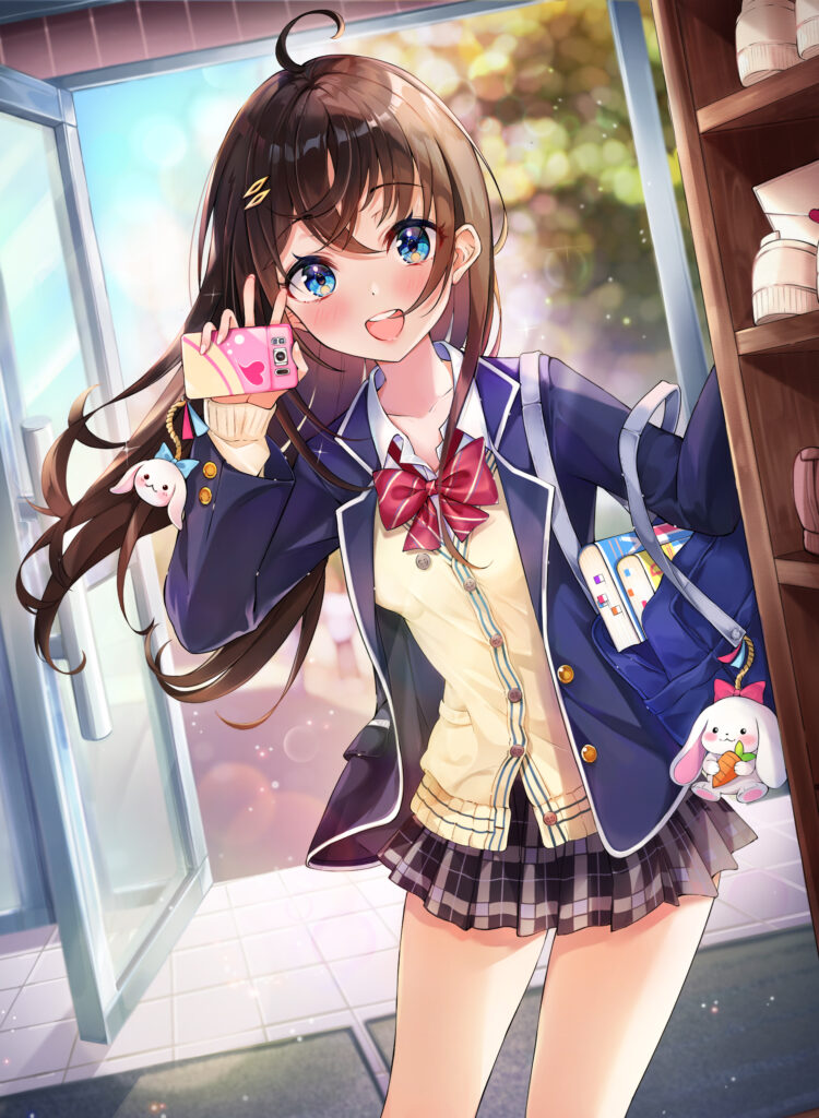 Cheerful Anime Girl in School Uniform with Phone – Radiant Wallpaper
