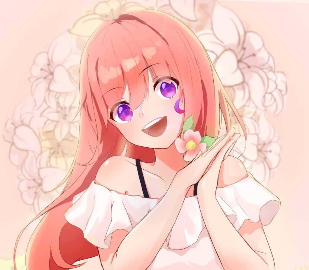 Cheerful Anime Girl Wallpaper: Soft Floral Background & Gentle Gesture