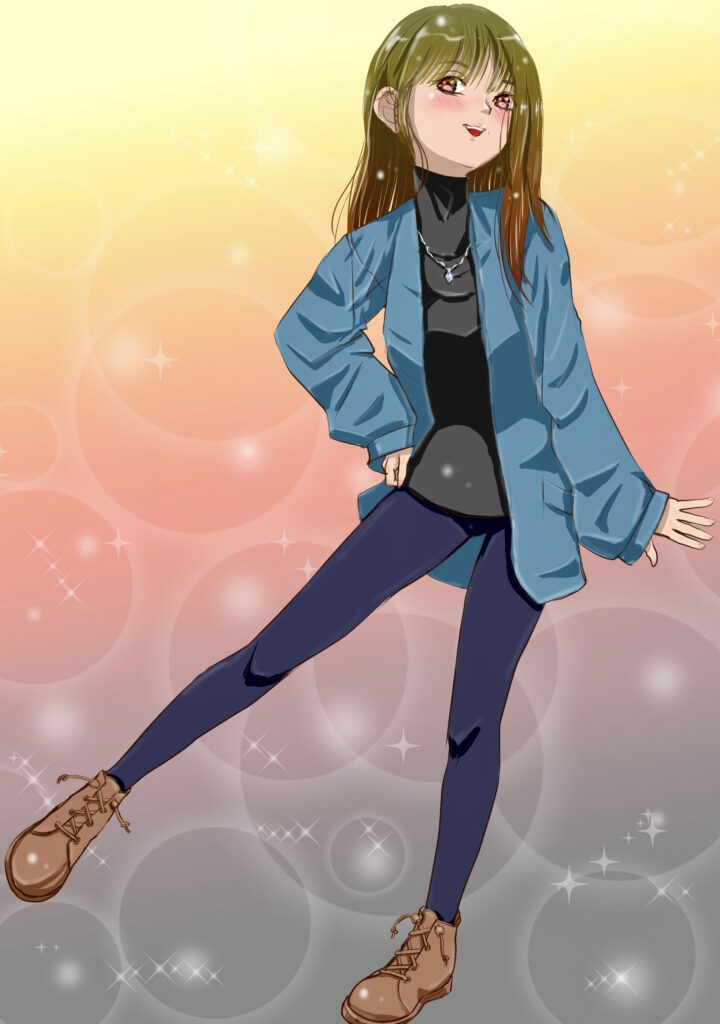 Anime Girl with Playful Pose & Warm Smile | Sparkling Background Wallpaper