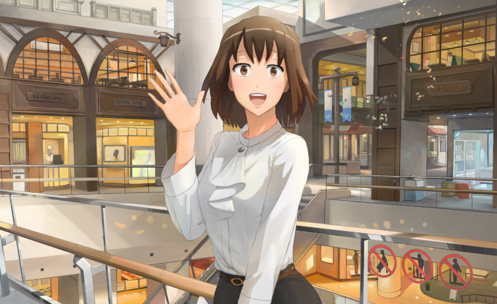 Cheerful Anime Girl Waving in Lively Shopping Mall Wallpaper