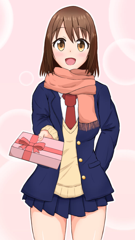 Cheerful Anime Girl in School Uniform with Wrapped Gift - Pastel Background Wallpaper
