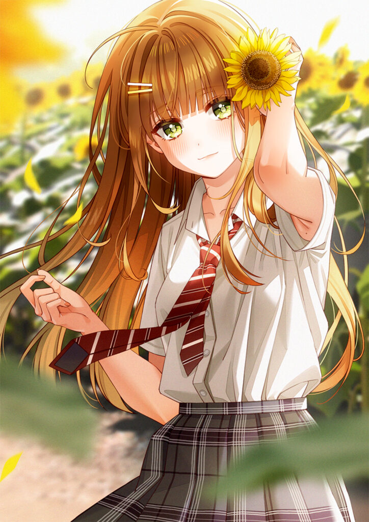 Anime Girl in Sunflower Field: Cheerful Vibrant Wallpaper Background