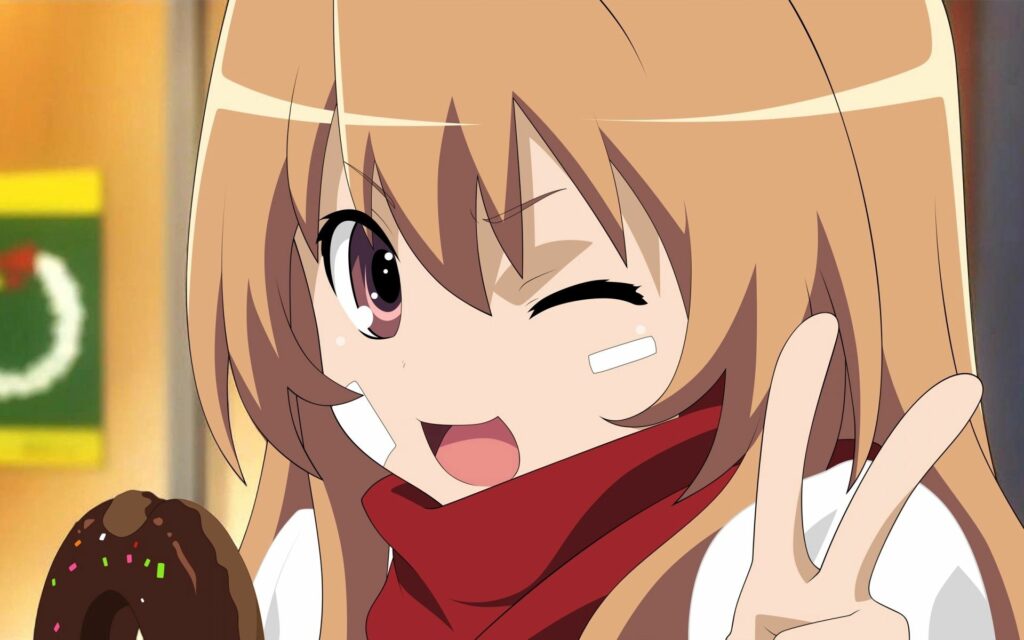 Cheerful Anime Girl with Donut & Peace Sign - Fun Wallpaper