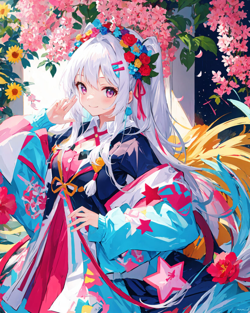 Cheerful Anime Girl Wallpaper with Colorful Floral Background