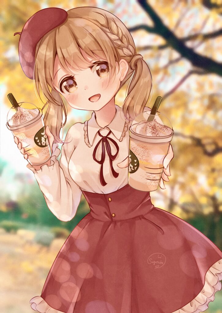 Cheerful Anime Girl with Beret in Cozy Autumn Background Wallpaper