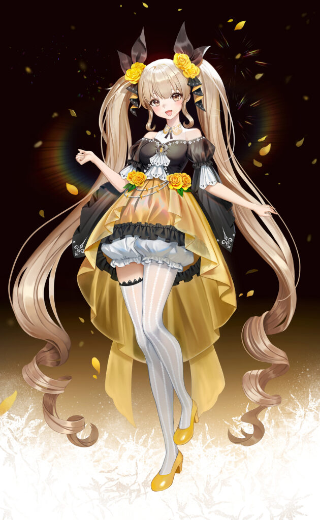 Cheerful Anime Girl in Dress with Yellow Roses & Petal Background Wallpaper