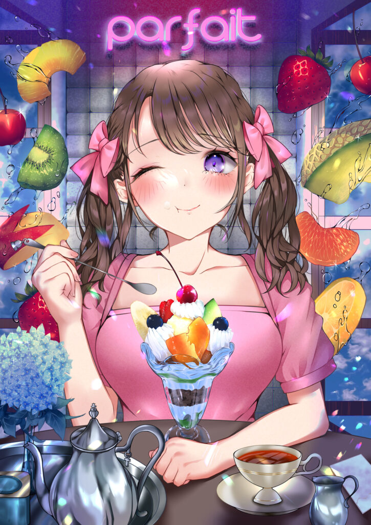 Cheerful Anime Girl Wallpaper with Fruits & Desserts Background