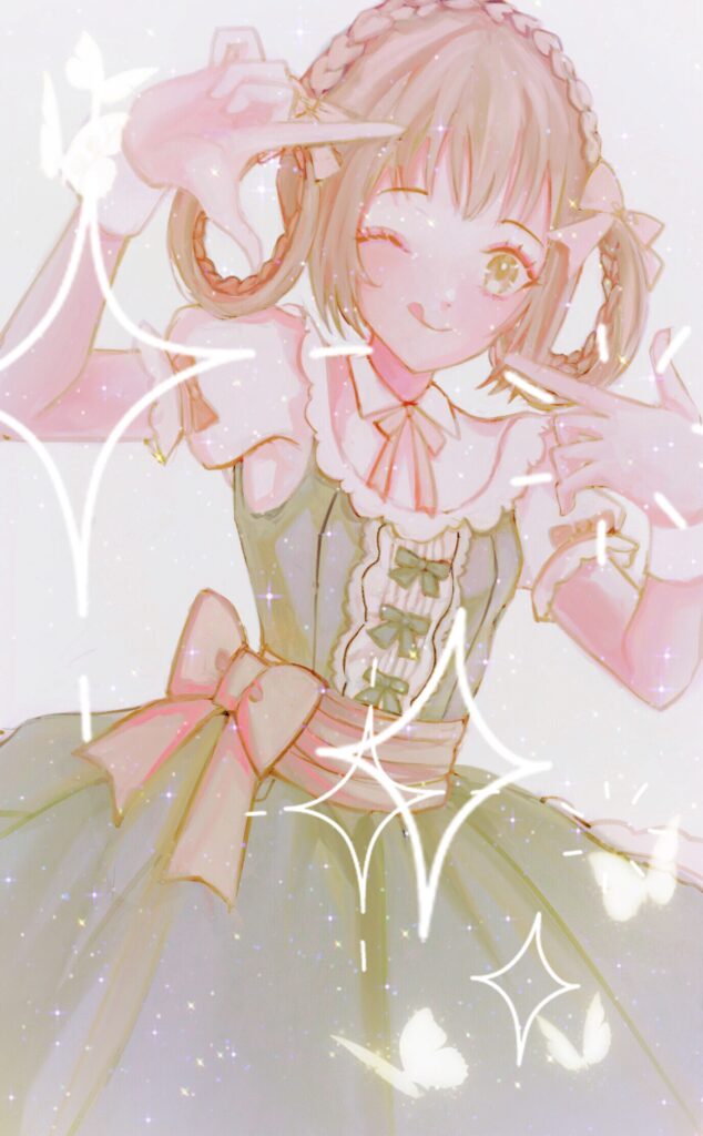 Cheerful Anime Girl in Frilly Dress with Sparkling Butterflies Wallpaper