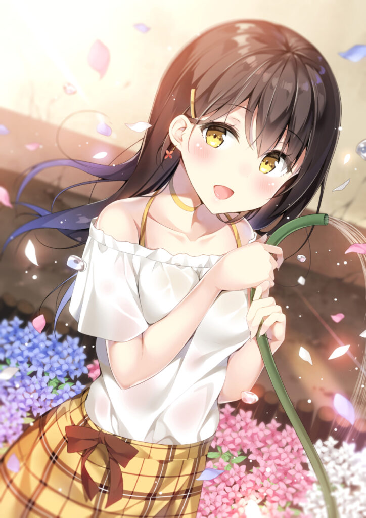 Cheerful Anime Girl Wallpaper with Water Drops and Colorful Flowers