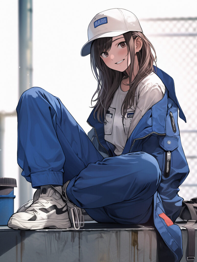 Cheerful Girl in Blue Jumpsuit - Uplifting Anime Wallpaper
