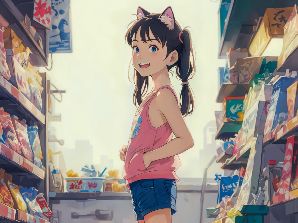 Cheerful Girl in Cat Ears Amid Colorful Snacks - Vibrant Anime Art Wallpaper
