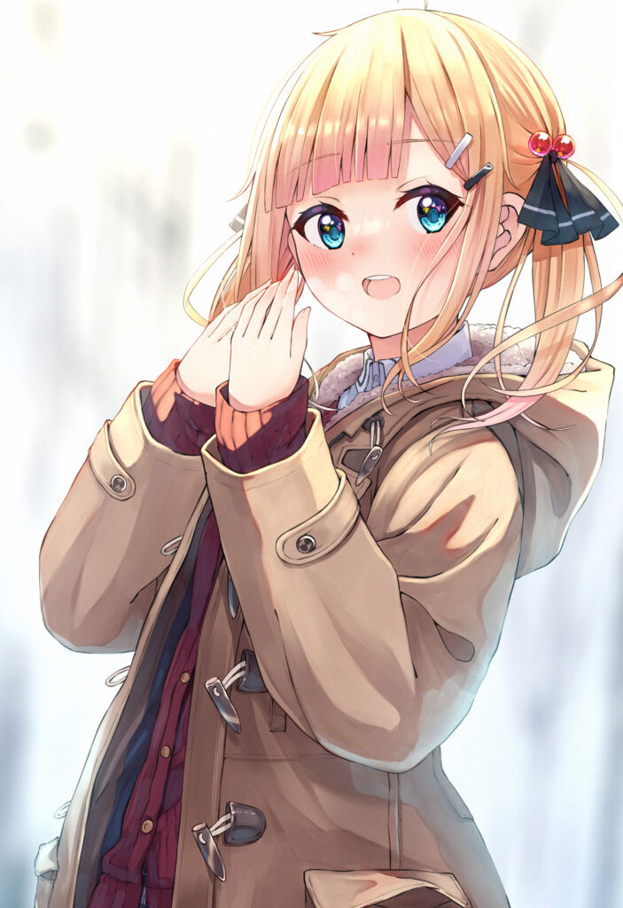 Cheerful Anime Girl in Cozy Jacket - Playful Wallpaper Design